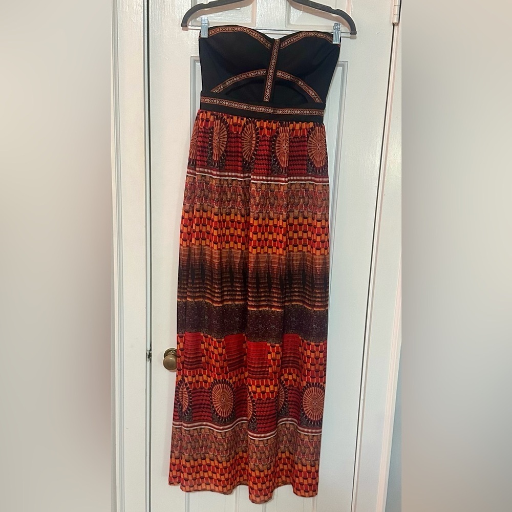 Sans Souci Black Strapless Maxi Dress with Red and Orange Print